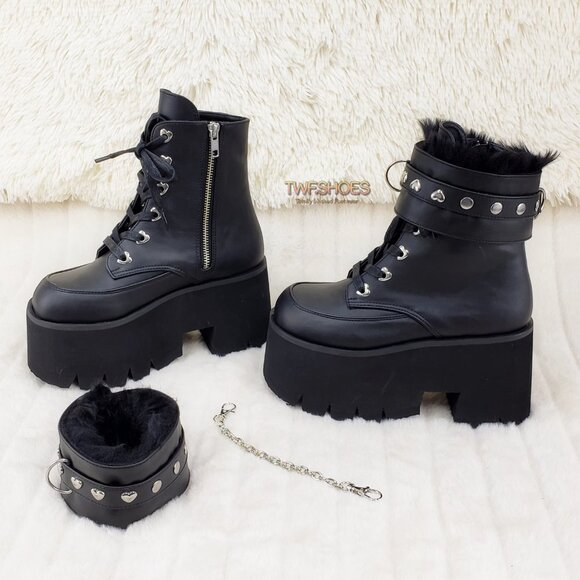 Goth Punk Platform Ankle Boots Furry Chain Cuff 57 - Picture 3 of 16